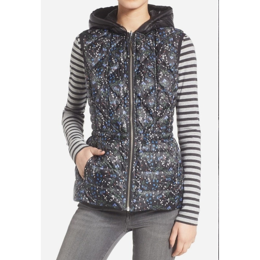 Bernardo Down Reversible Hooded‎ Black Floral Puffer Vest Sz 14 Cozy Lightweight